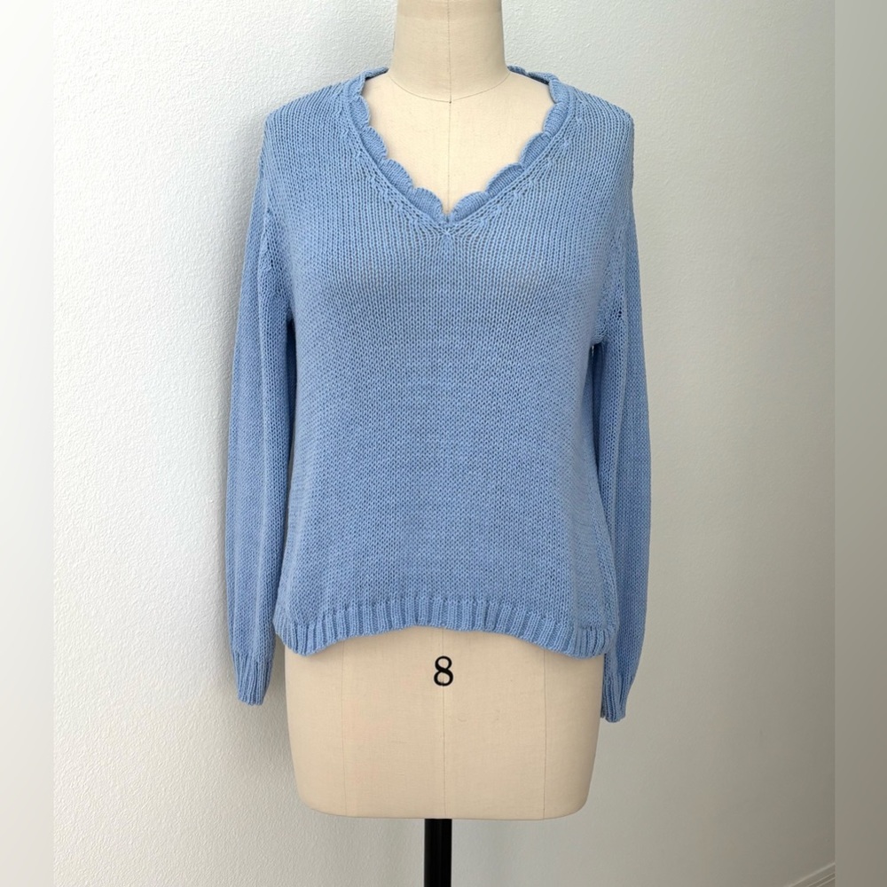 Wooden Ships Scalloped V-Neck Sweater Blue Lightweight Cotton Blend Classic S/M